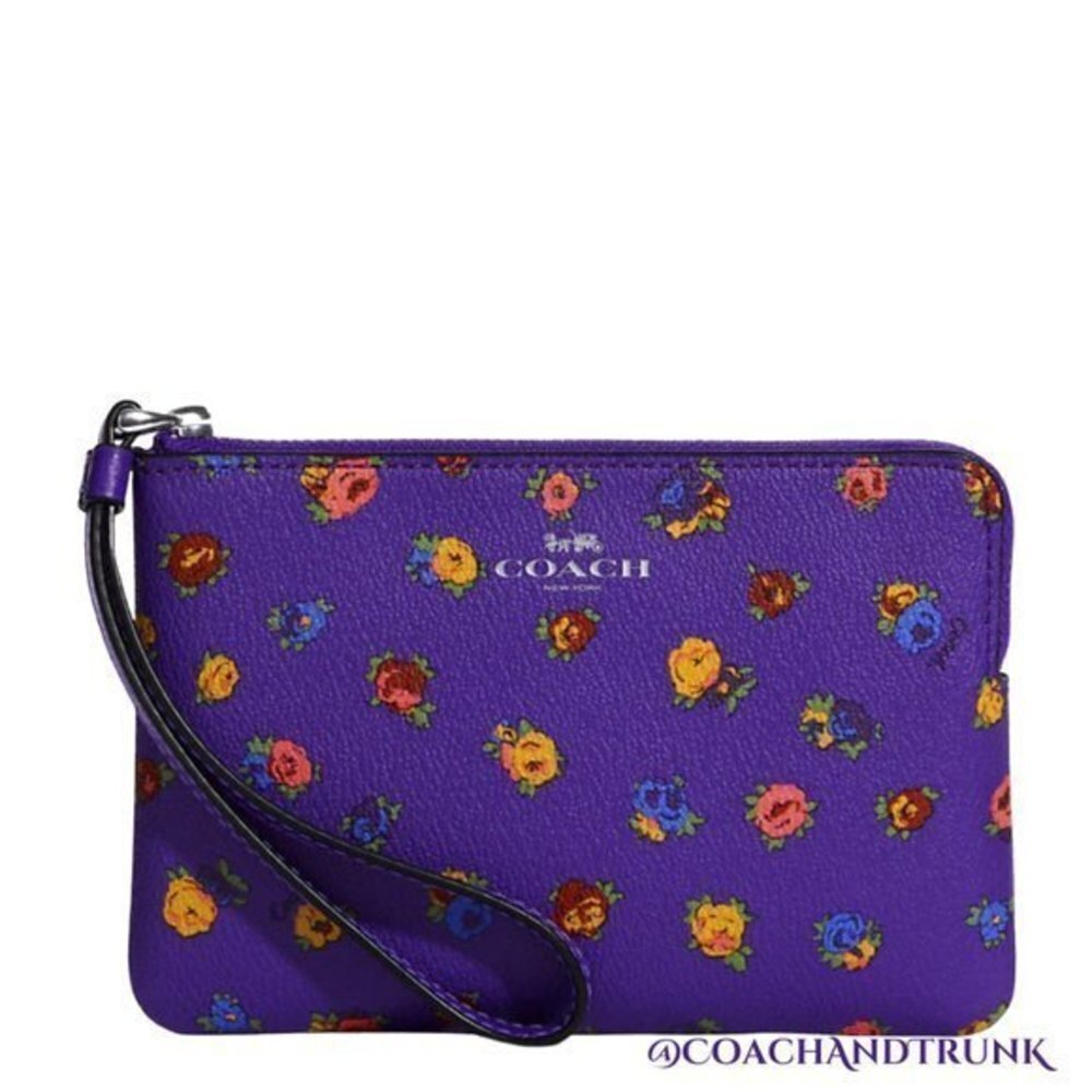 AUTHENTIC COACH Corner Zip Wristlet With Mini Vintage Rose Print Sport Purple - Picture 6 of 11